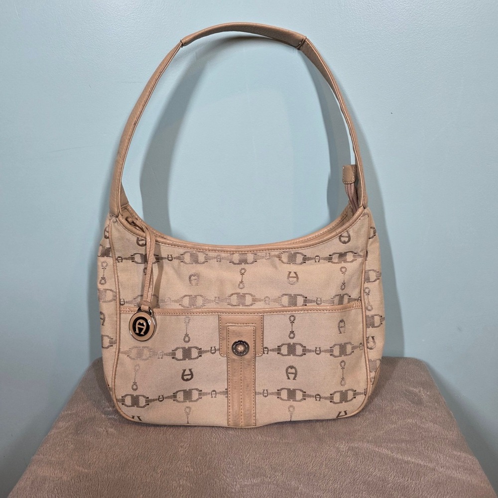 Etienne Aigner Tan Monogram Jacquard Canvas Leather Hobo Shoulder Bag‎ Charm